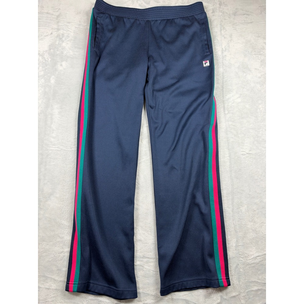 Vintage FILA Sport Track Pants M Navy Green Pink Stripe Y2K Retro Straight Leg